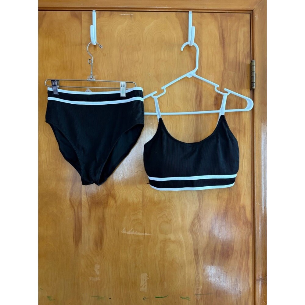 Black Ribbed Bikini Set with White Stripe Trim